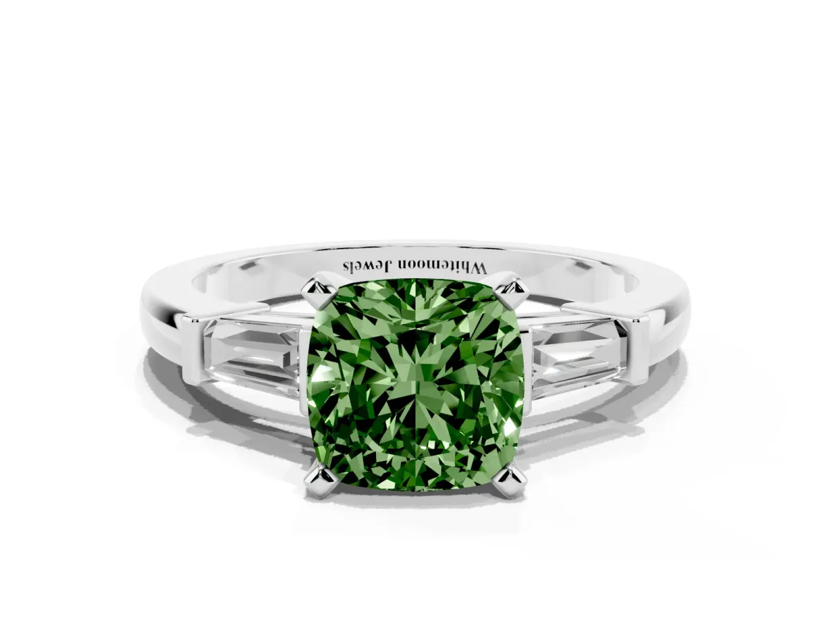 Fancy Green Cushion Cut Cut Diamond Solitaire Ring with Tapered Baguette Accents and Four-Prong Setting Silver