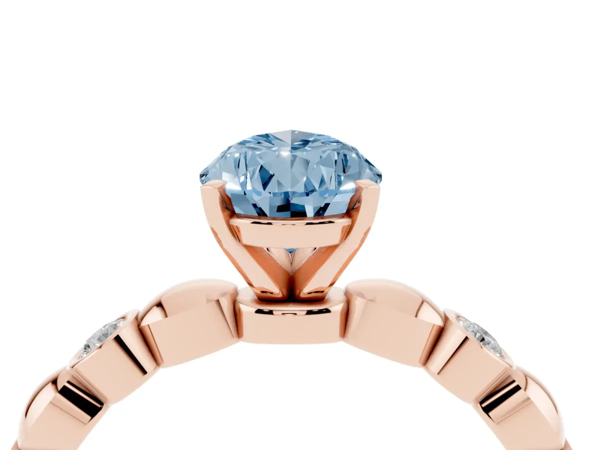 Fancy Blue Pear Cut Solitaire Bezel-Set Diamond Ring with Beaded Band and Four-Prong Setting Rose gold
