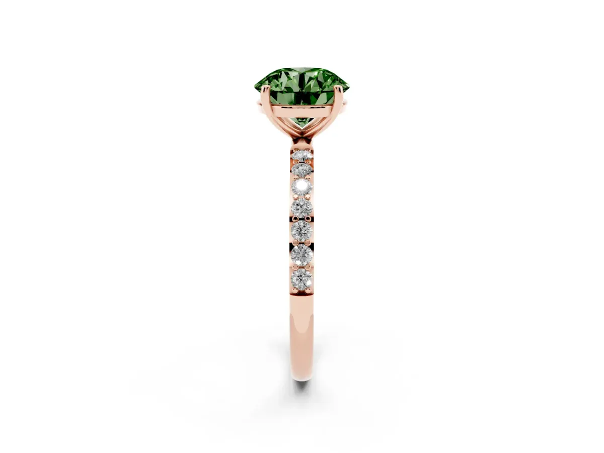 Fancy Green Round Cut Diamond Solitaire Ring with Round Pavé Shoulders and Prong Setting Rose gold