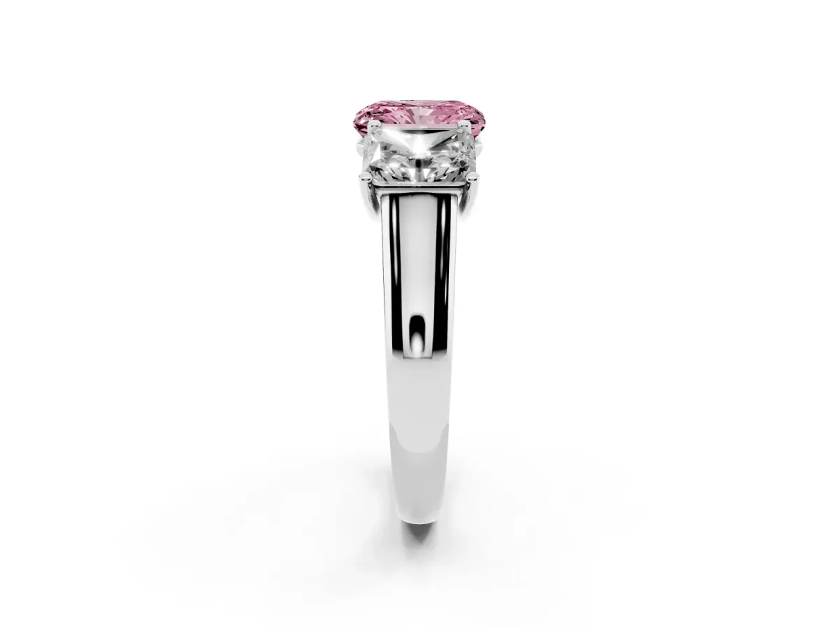 Fancy Pink Radiant Cut Three-Stone Diamond Ring with Prong Setting on a Classic Band Silver