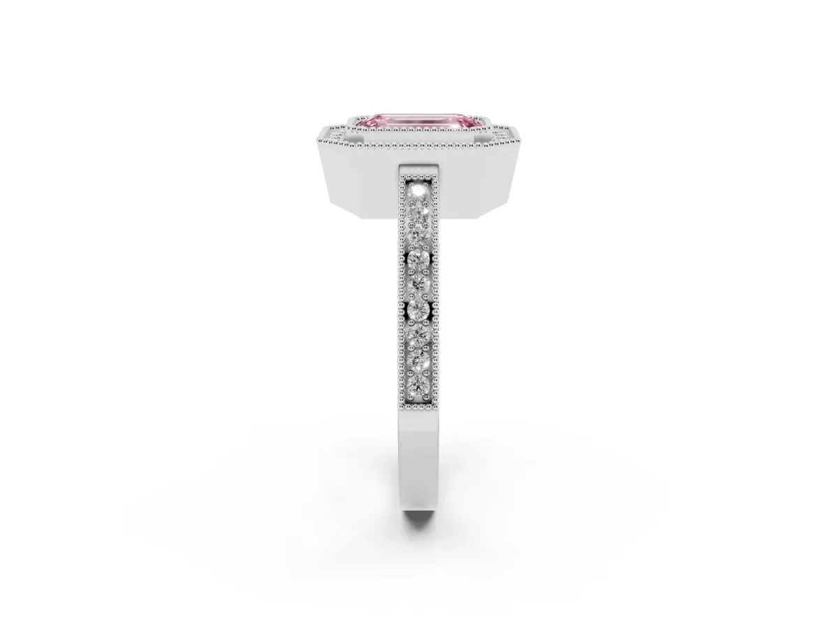 Fancy Pink Emerald Cut Cut Halo Diamond Ring with Pavé Band and Milgrain Prong Setting Silver