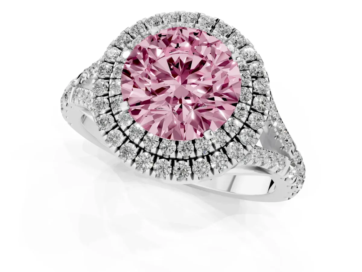 Fancy Pink Round Cut Diamond Double Halo Ring with Split Shank and Prong Setting Platinum