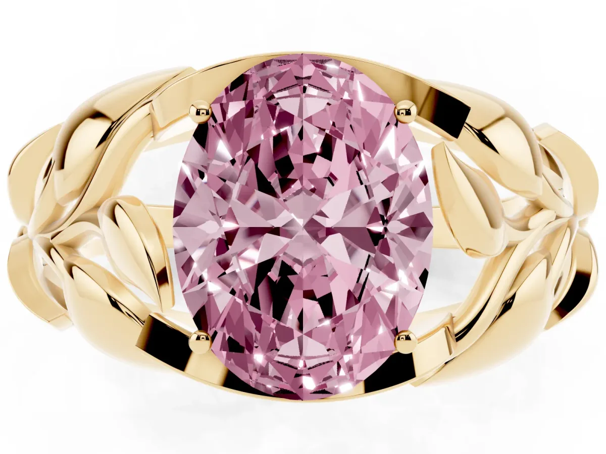 Fancy Pink Oval Cut Diamond Leaf-Inspired Engagement Ring with Round Accents and Prong Setting Yellow gold