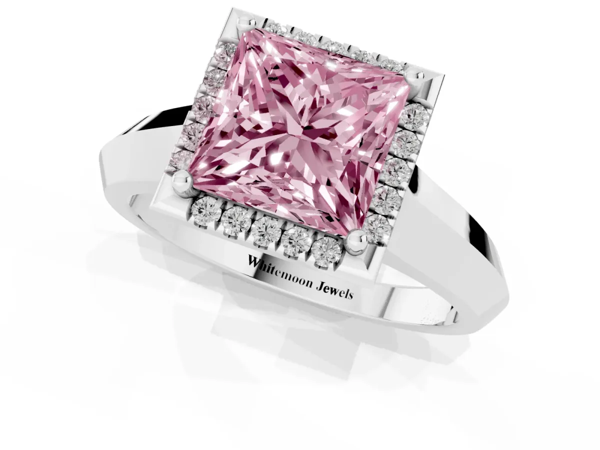 Fancy Pink Princess Cut Halo Diamond Ring with Cathedral Band and Four-Prong Setting Silver