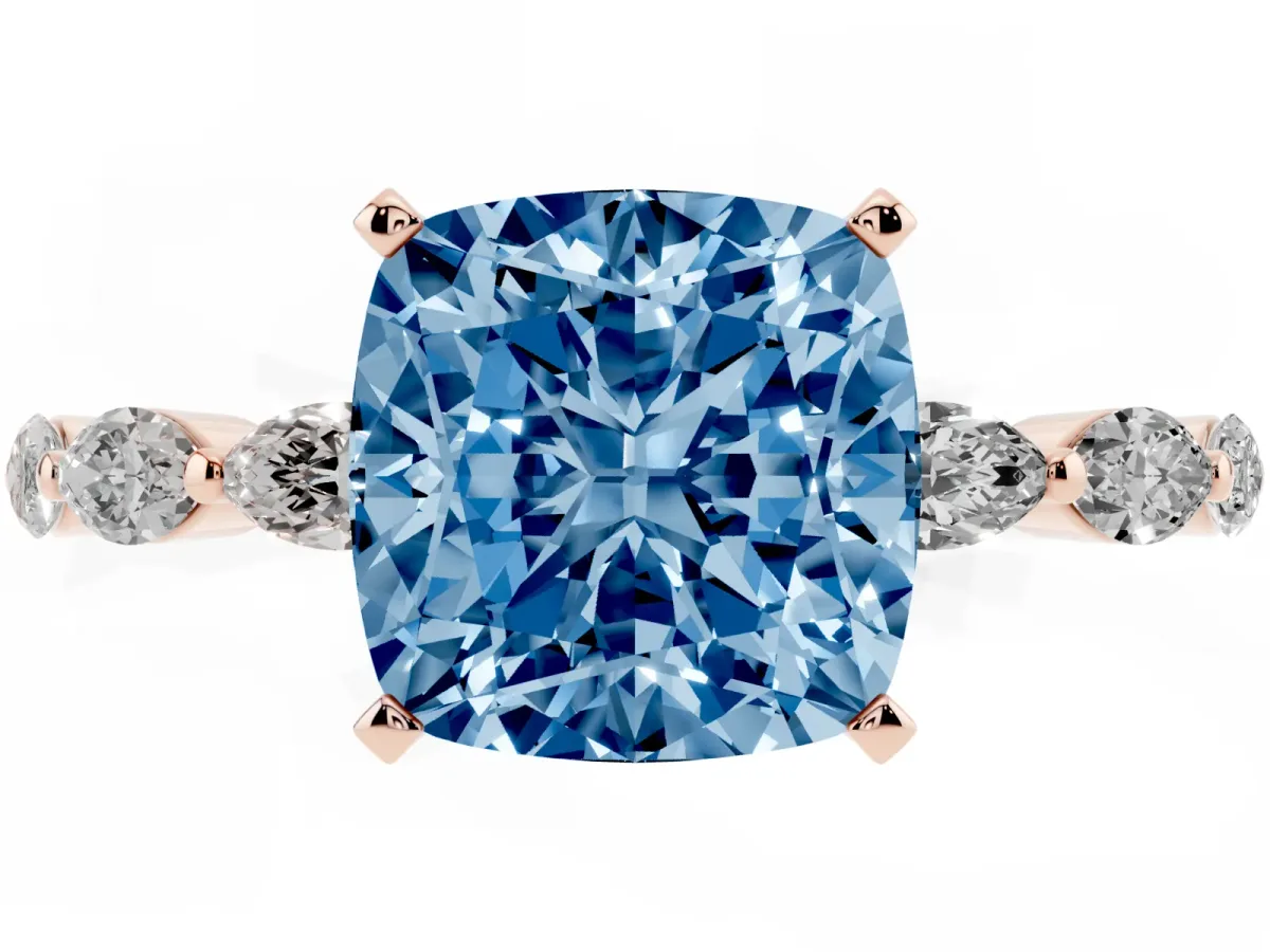 Fancy Blue Cushion Cut Diamond Ring with Marquise Side Stones and Prong Setting Rose gold
