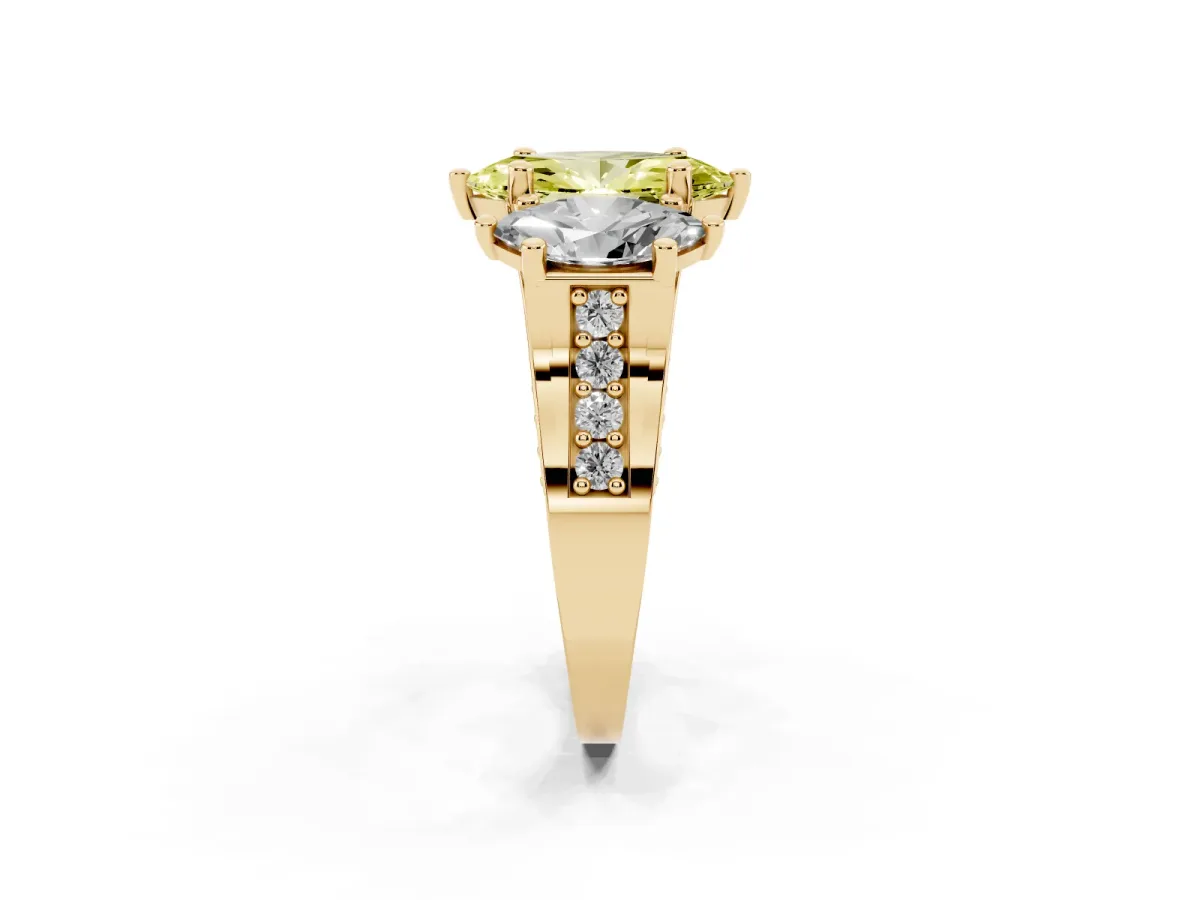 Fancy Yellow Marquise Cut Diamond Three-Stone Ring with Channel Set Band and Four-Prong Setting Yellow gold
