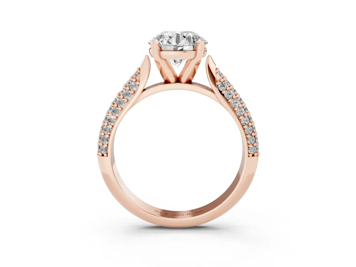 Round Cut Diamond Solitaire Engagement Ring with Multi-Row Round Pavé Band and Prong Setting Rose gold