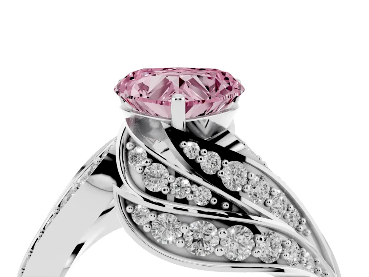 Fancy Pink Heart Cut Diamond Solitaire Ring with Prong Setting and Twisted Pavé Band Silver