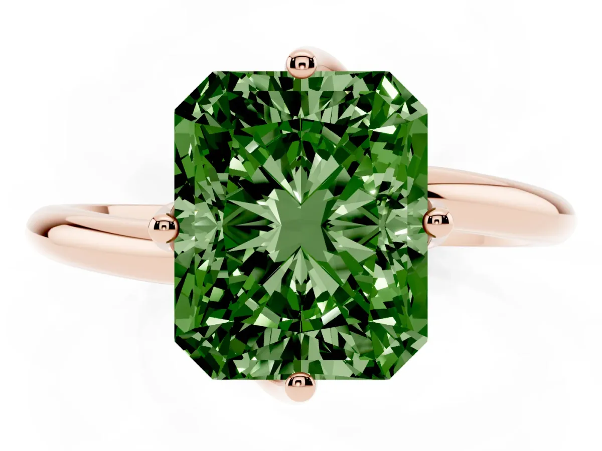 Fancy Green Radiant Cut Diamond Solitaire Engagement Ring with Four-Prong Setting and Classic Band Rose gold