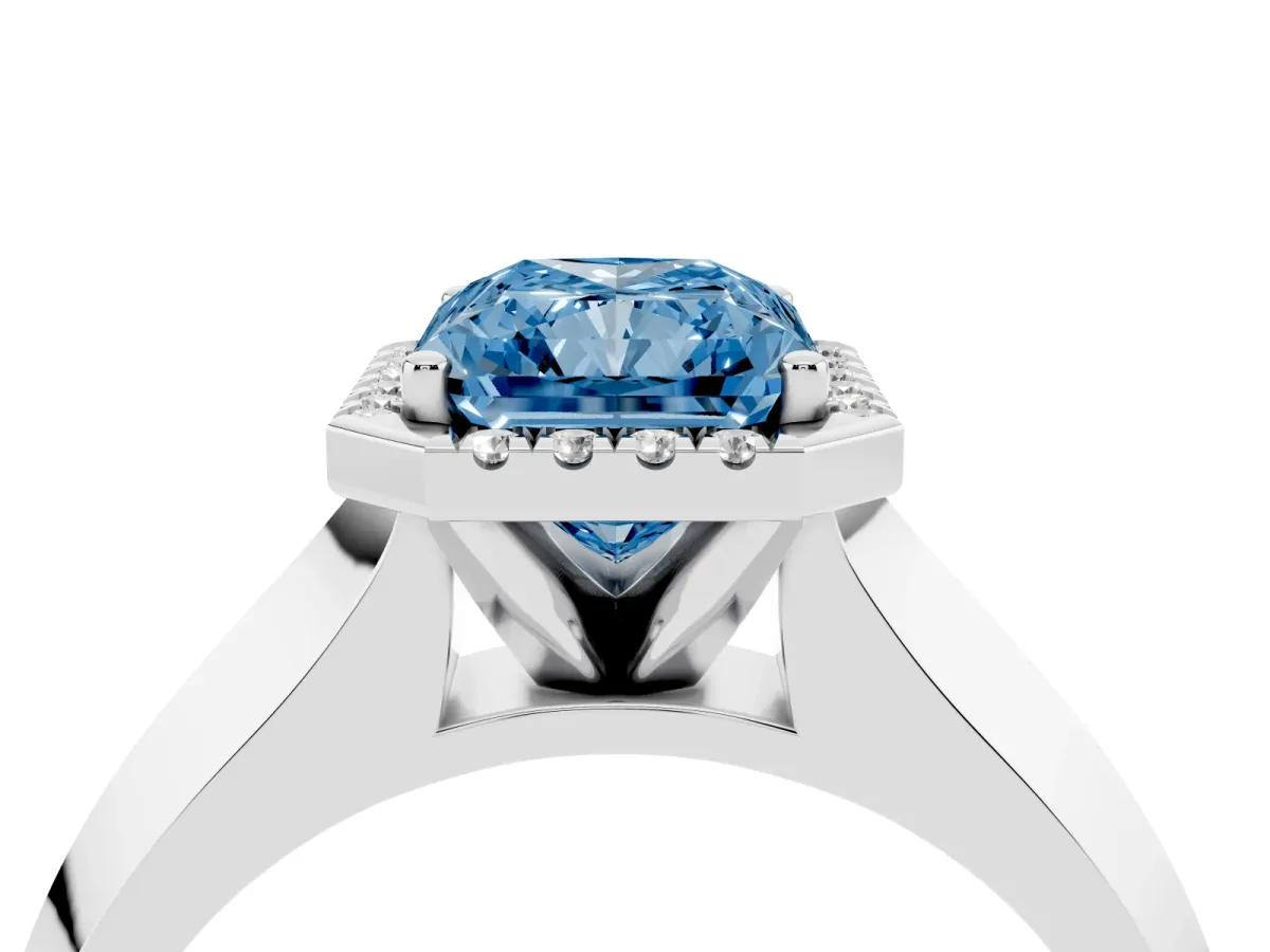 Fancy Blue Radiant Cut Halo Diamond Ring with Cathedral Band and Four-Prong Setting White gold