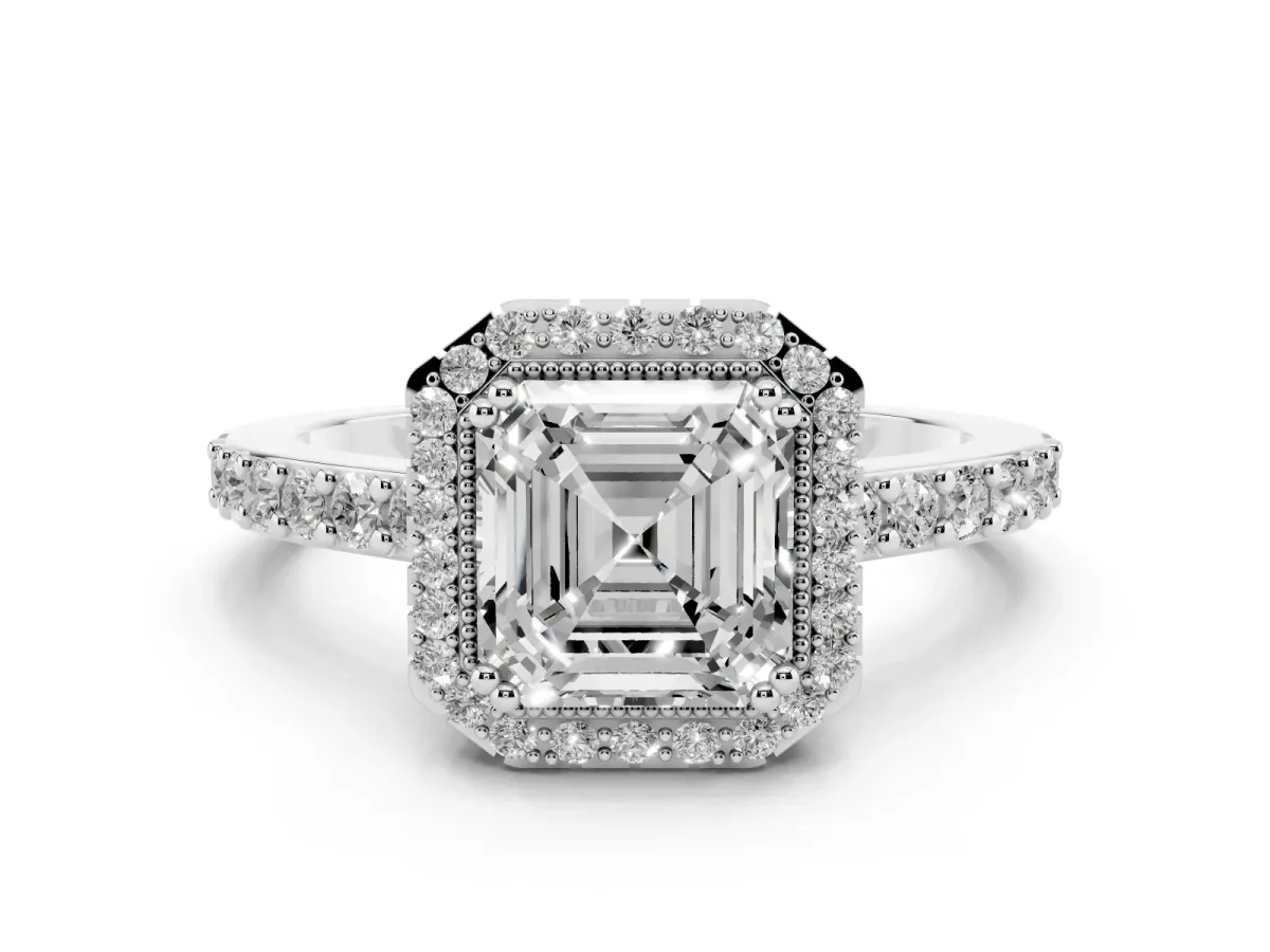 Asscher Cut Cut Diamond Halo Engagement Ring with Milgrain Detail and Pavé Band White gold