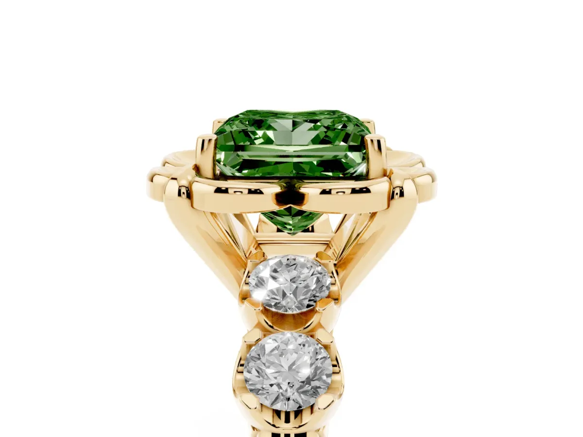 Fancy Green Princess Cut Cut Diamond Floral Halo Engagement Ring with Shared Prong Setting Yellow gold