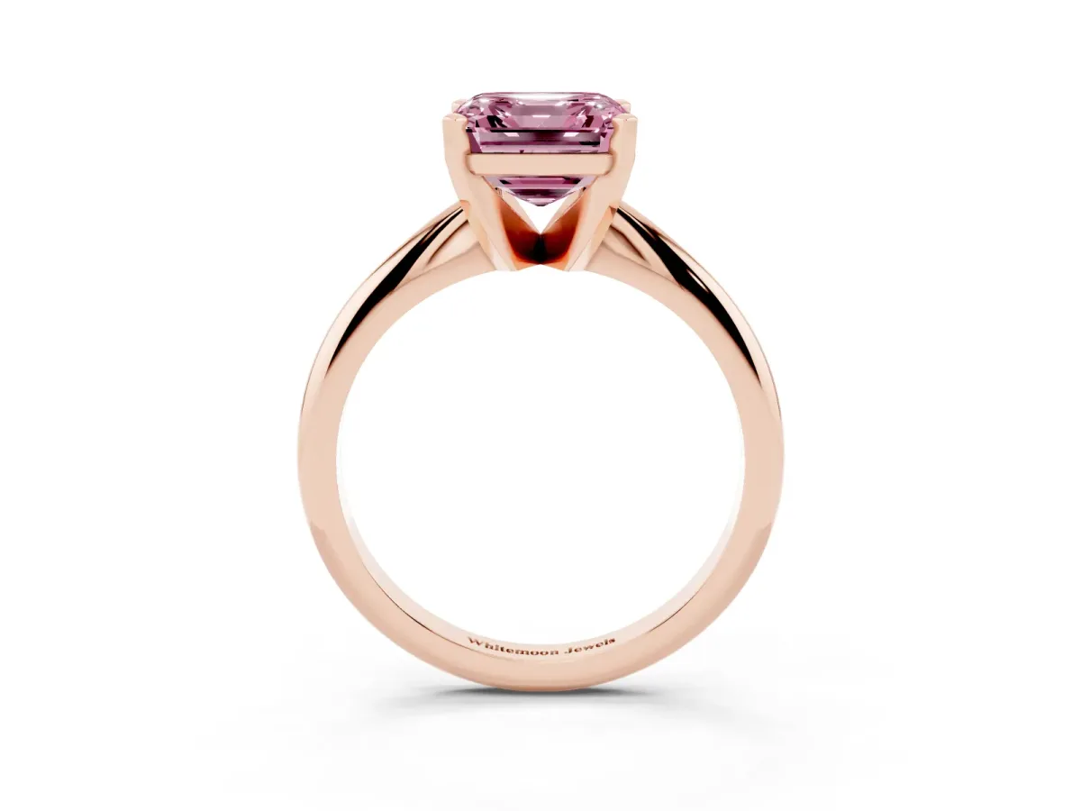 Fancy Pink Asscher Cut Cut Solitaire Ring with Four-Prong Setting on a Classic Band Rose gold
