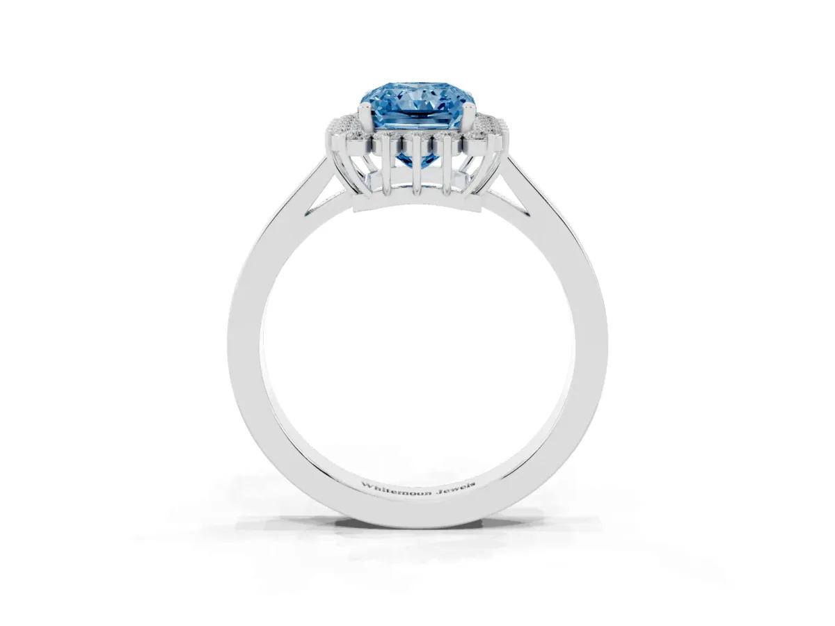 Fancy Blue Radiant Cut Cut Diamond Halo Ring with Round Brilliant Halo and Solitaire Band Silver