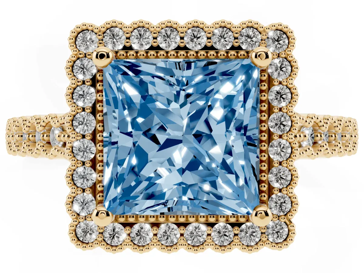 Fancy Blue Princess Cut Cut Halo Pavé Solitaire Ring with Milgrain Band Yellow gold