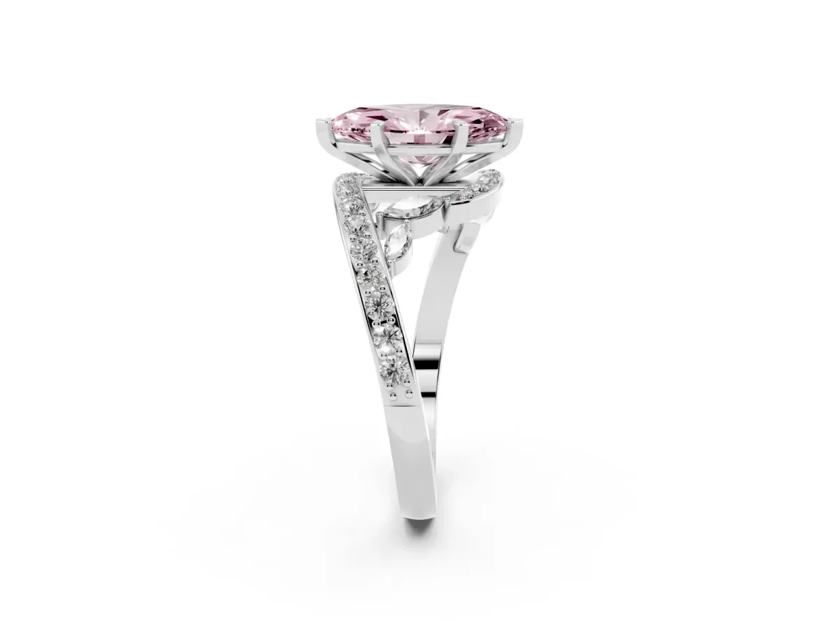 Fancy Pink Marquise Cut Solitaire with Pavé Twist Band and Four-Prong Setting Silver