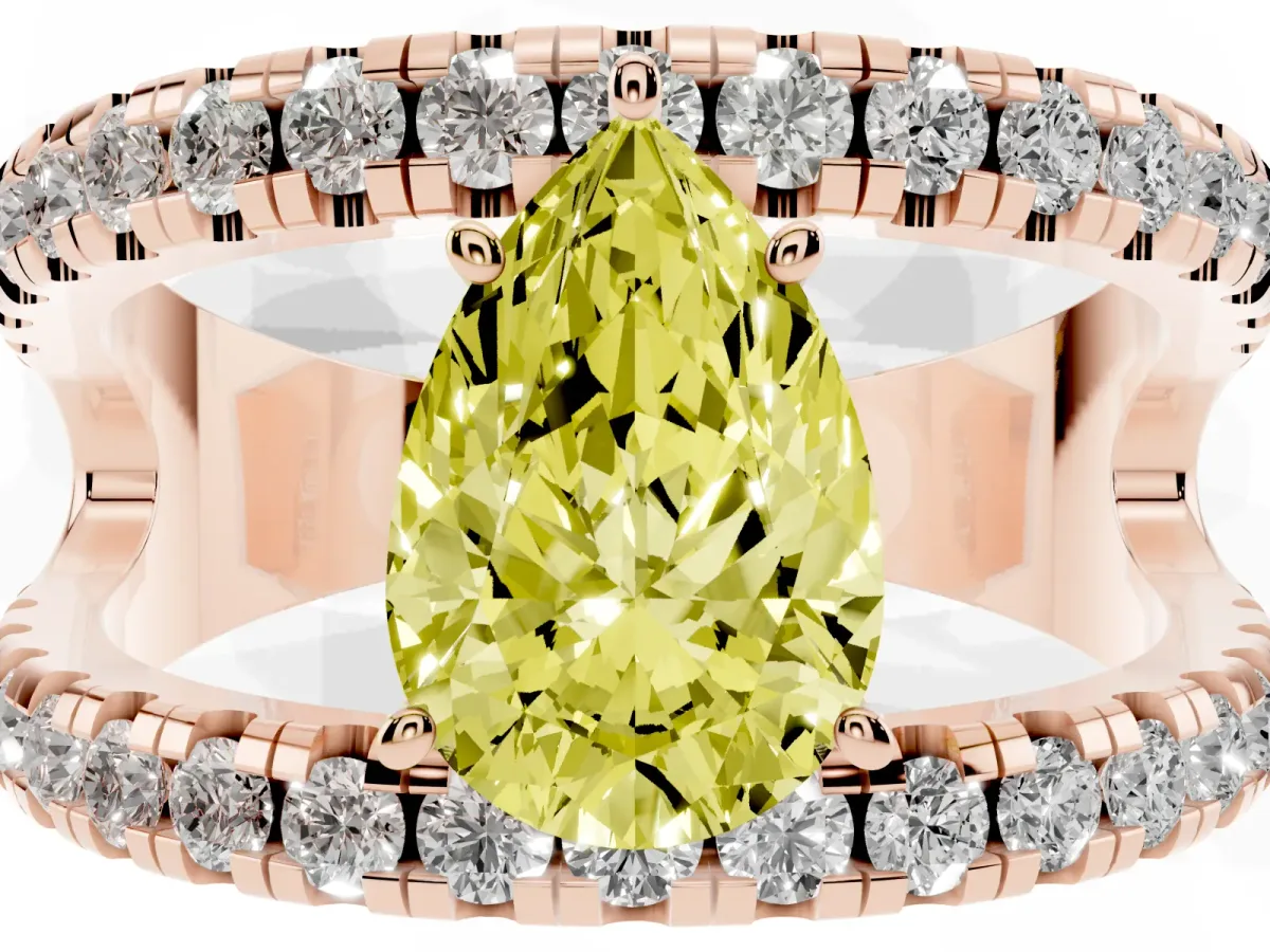 Fancy Yellow Pear Cut Solitaire Split Shank Pave Diamond Ring Rose gold
