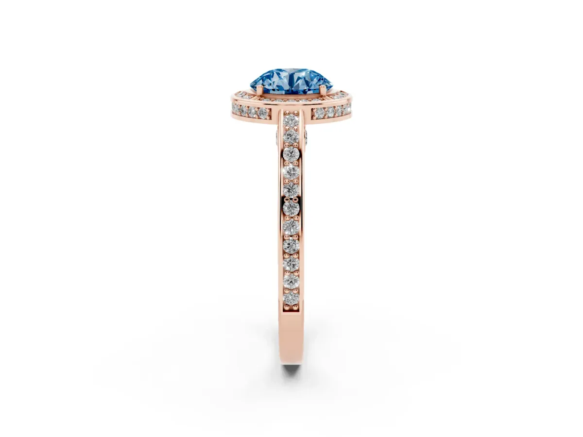 Fancy Blue Round Cut Cut Halo Pave Split Shank Prong Setting Ring Rose gold