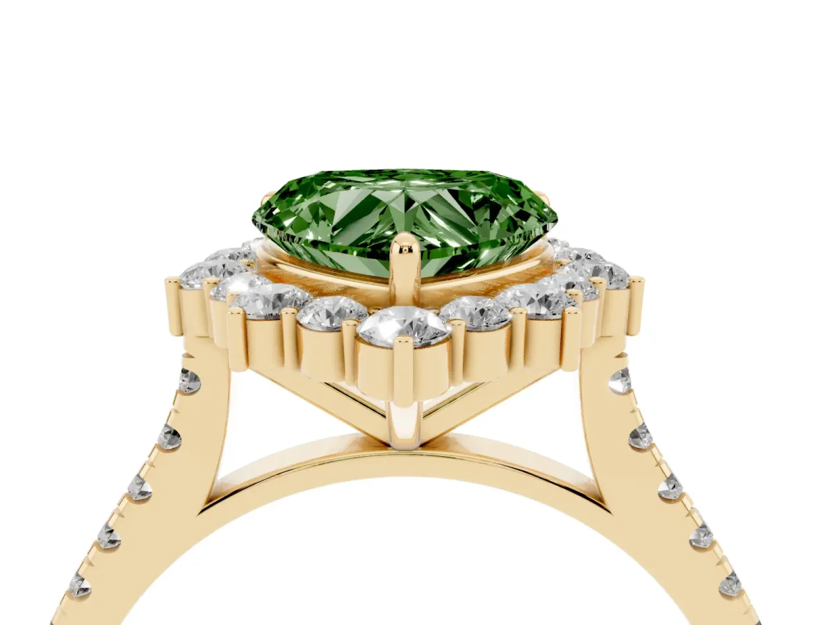 Fancy Green Heart Cut Halo Diamond Ring with Pavé Band and Prong Setting Yellow gold