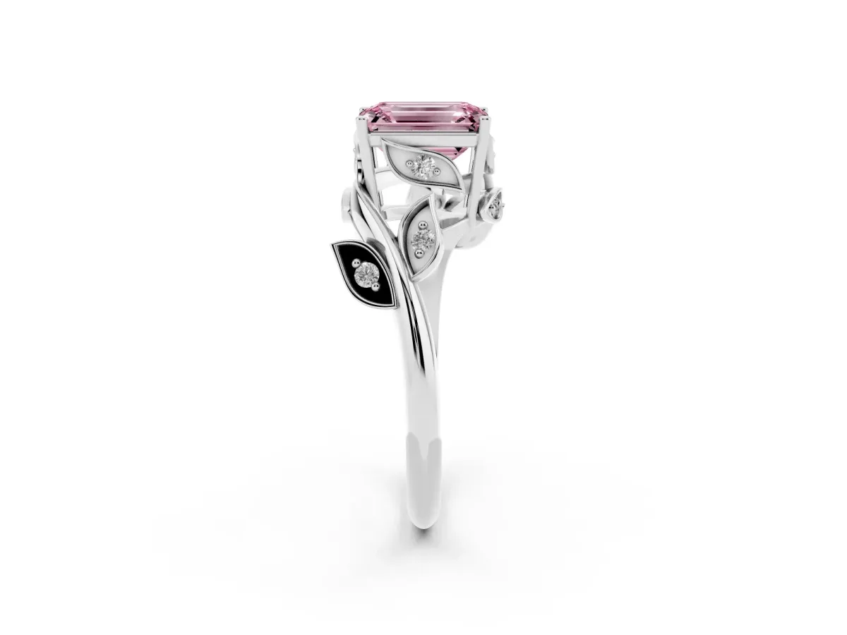 Fancy Pink Emerald Cut Solitaire Twist Engagement Ring with Leaf Accents and Prong Setting Silver