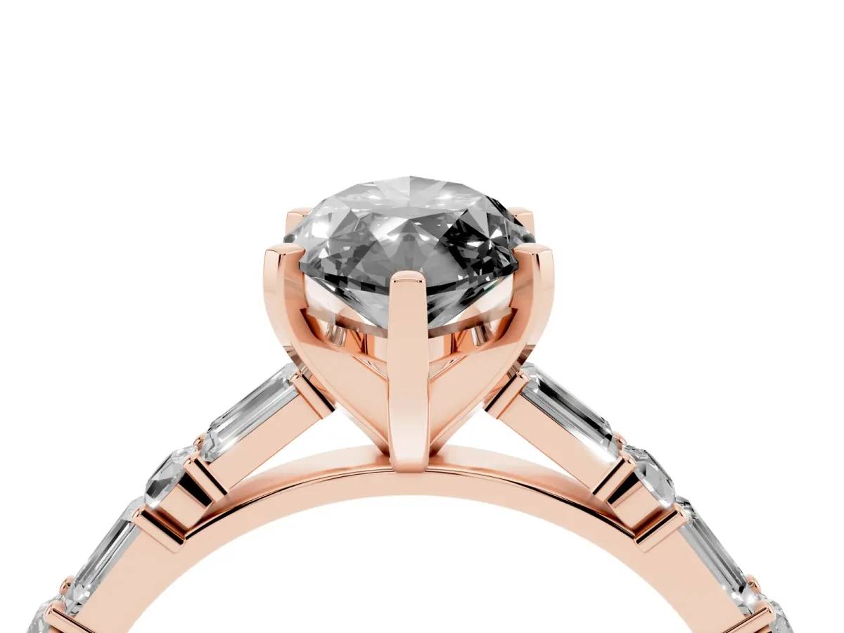 Fancy Black Marquise Cut Diamond Solitaire with Side Baguettes and Channel Set Band Rose gold