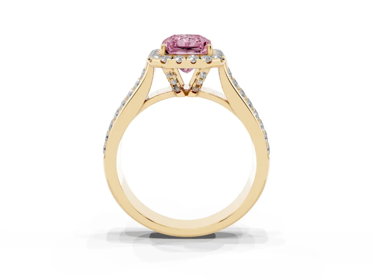 Fancy Pink Radiant Cut Halo Round Diamond Pave Band with Prong Setting Yellow gold