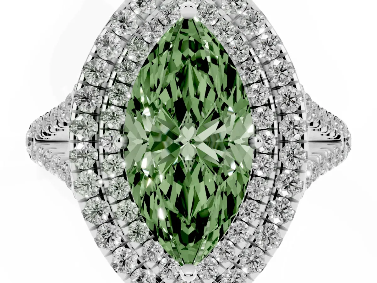 Fancy Green Marquise Cut Diamond Double Halo Ring with Pavé Band and Prong Setting Platinum