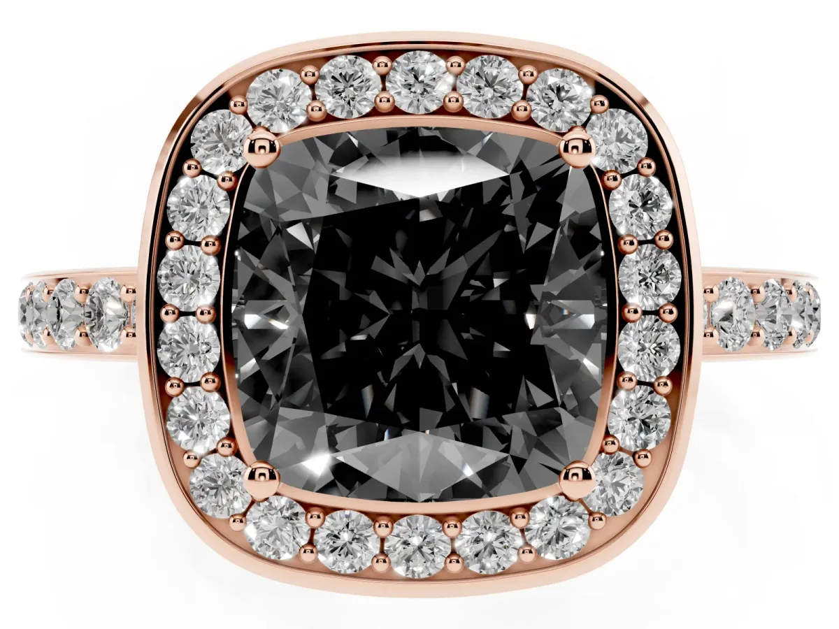 Fancy Black Cushion Cut Diamond Halo Ring with Bezel Frame and Pavé Band Rose gold