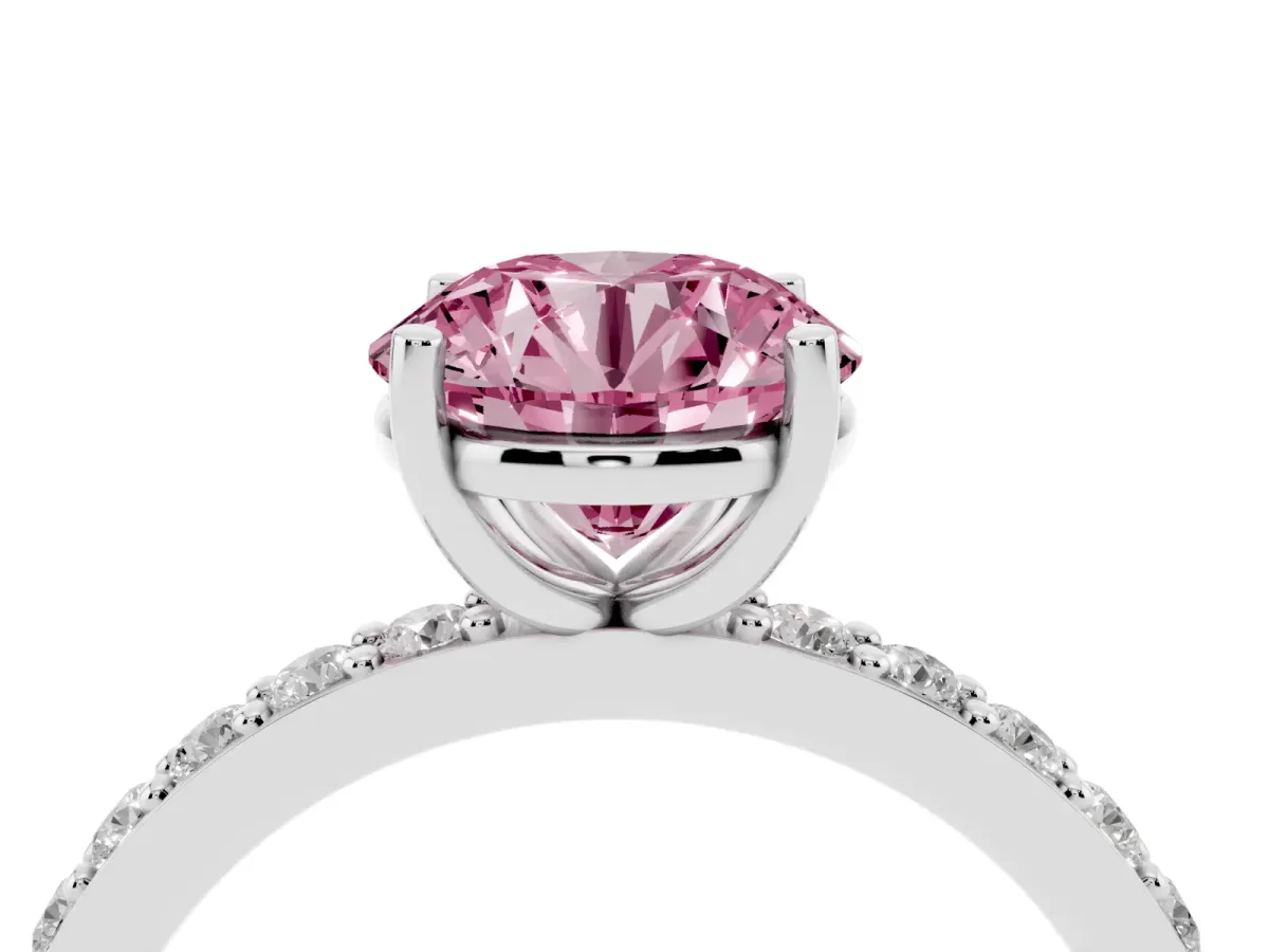 Fancy Pink Round Cut Cut Diamond Solitaire with Pave Band and Four-Prong Setting Silver