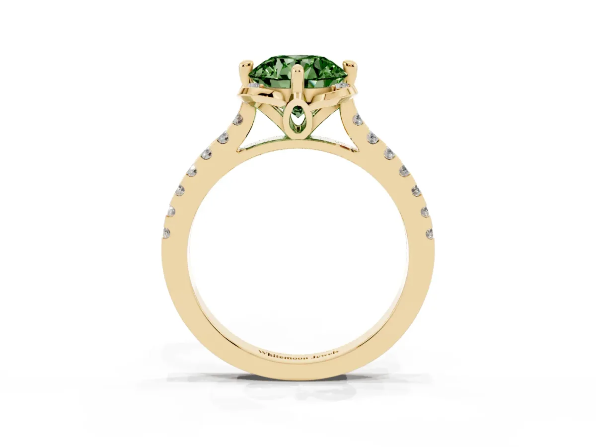 Fancy Green Round Cut Diamond Ring with Pavé Band and Floral Prong Setting Yellow gold