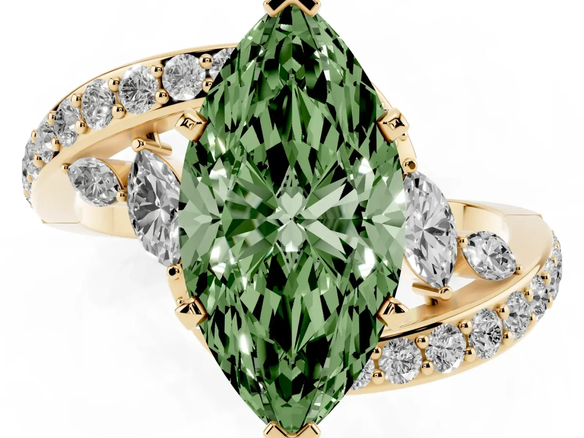 Fancy Green Marquise Cut Solitaire with Pavé Twist Band and Four-Prong Setting Yellow gold