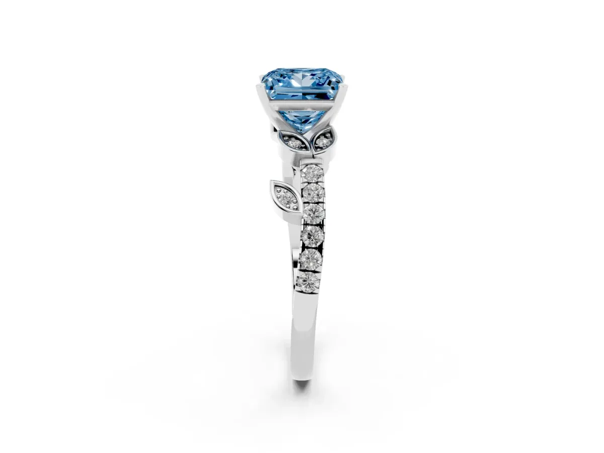 Fancy Blue Princess Cut Solitaire Leaf-Inspired Diamond Ring with Pavé Band and Four-Prong Setting Silver