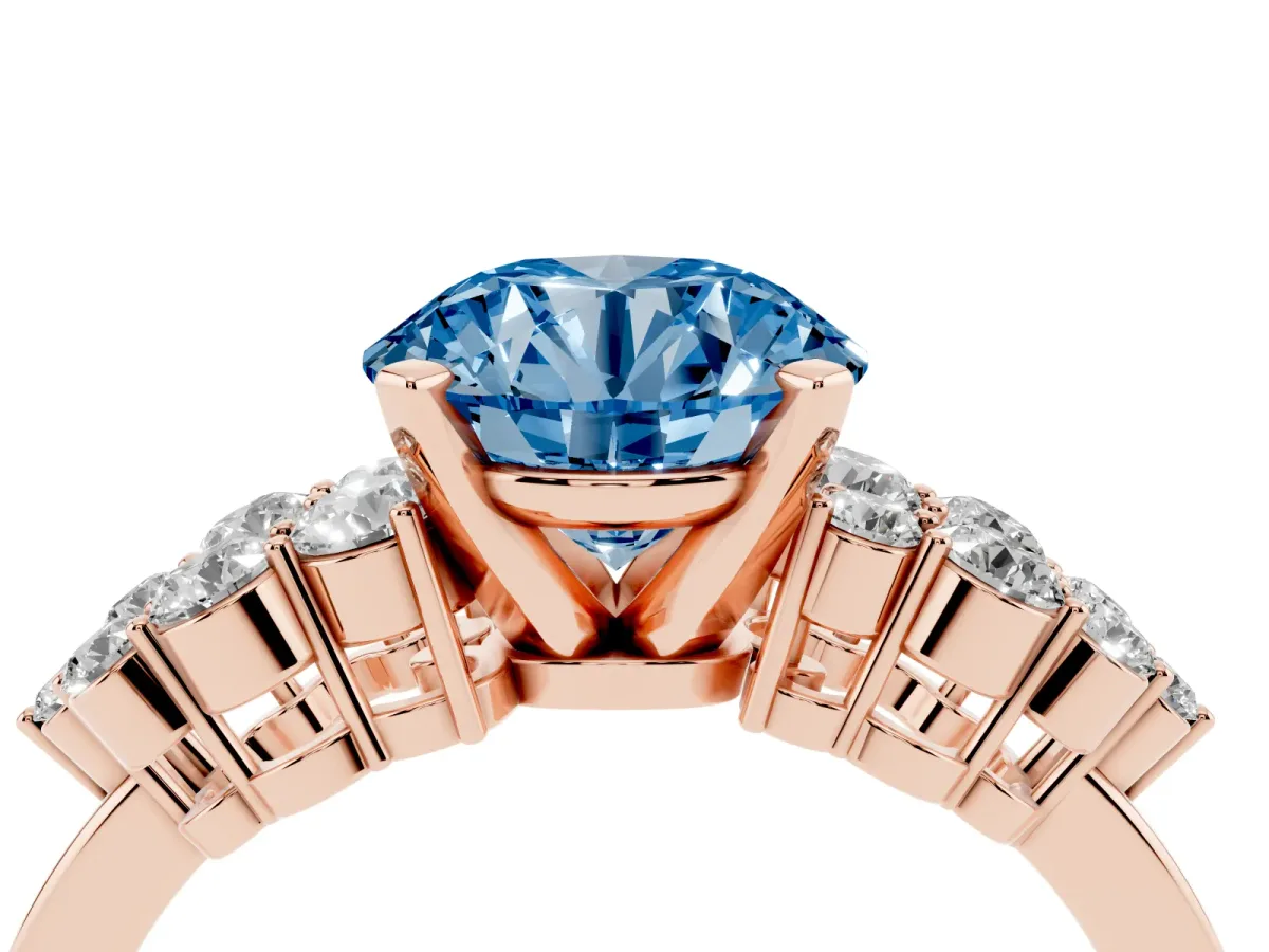 Fancy Blue Round Cut Cluster Diamond Engagement Ring with Pavé Band and Four-Prong Setting Rose gold