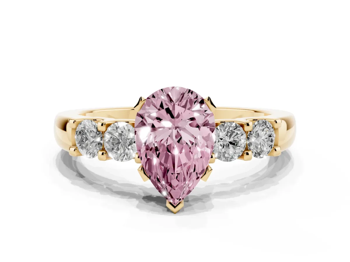 Fancy Pink Pear Cut Brilliant Cut Diamond Five-Stone Prong Set Engagement Ring with Channel Band Yellow gold