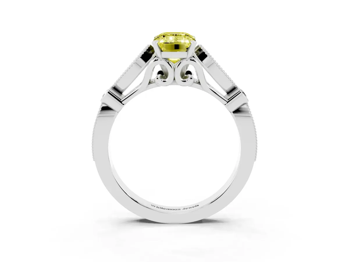 Fancy Yellow Emerald Cut Cut Diamond with Milgrain Marquise and Bezel Accents on a Solitaire Band with Prong Setting Platinum
