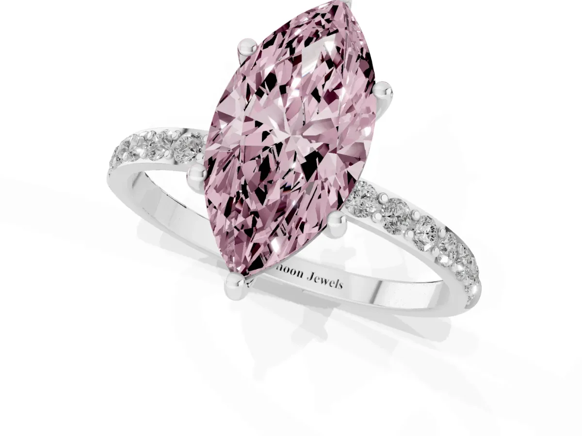 Fancy Pink Marquise Cut Diamond Solitaire Ring with Round Pavé Shoulders and Prong Setting Silver