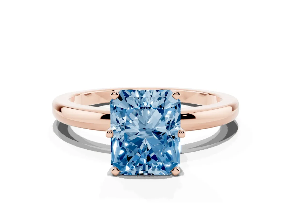 Fancy Blue Radiant Cut Solitaire Diamond Ring with Six-Prong Setting on a Classic Band Rose gold