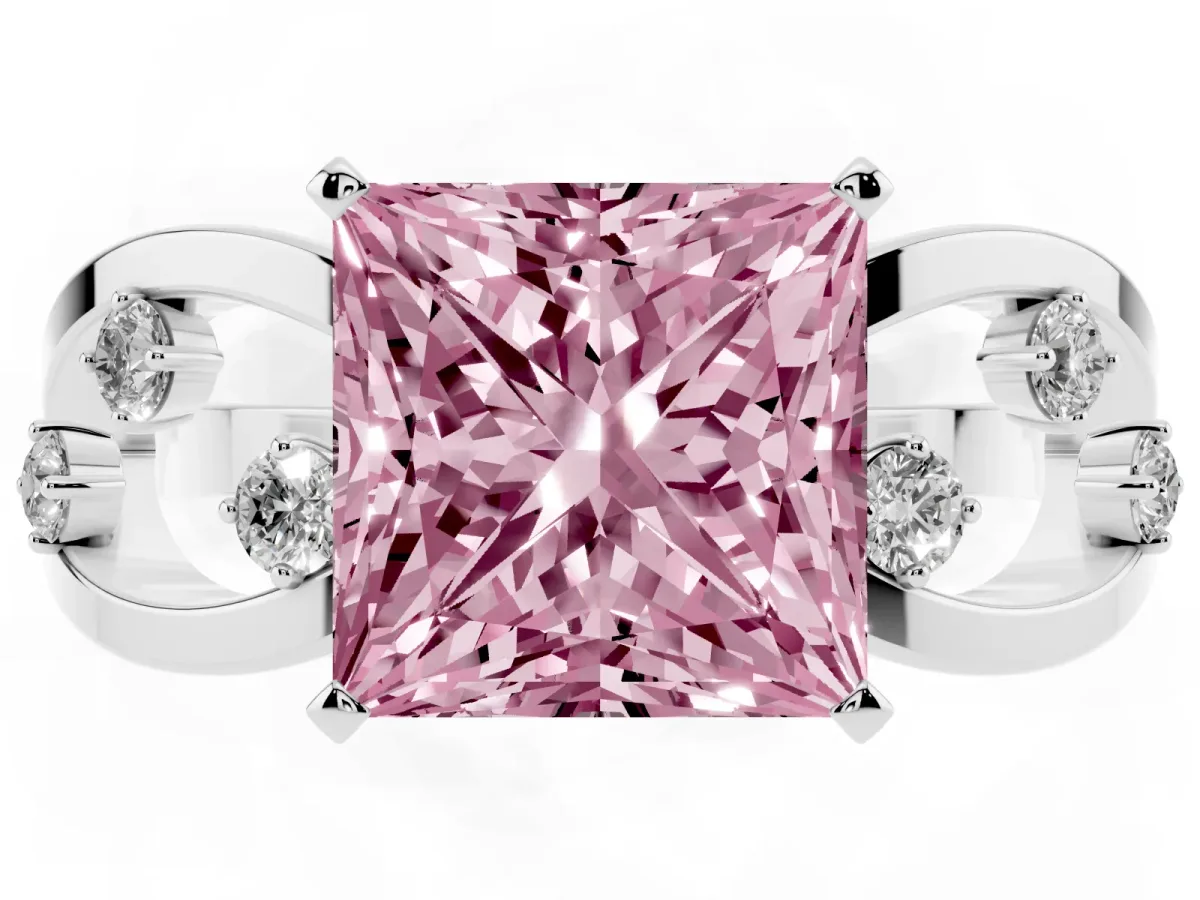 Fancy Pink Princess Cut Cut Solitaire Diamond with Side Stones on Criss-Cross Band and Four-Prong Setting Platinum