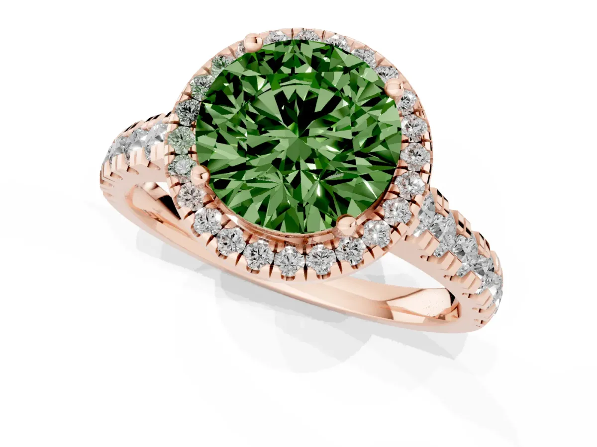 Fancy Green Round Cut Halo Pavé Diamond Engagement Ring with Four-Prong Setting Rose gold