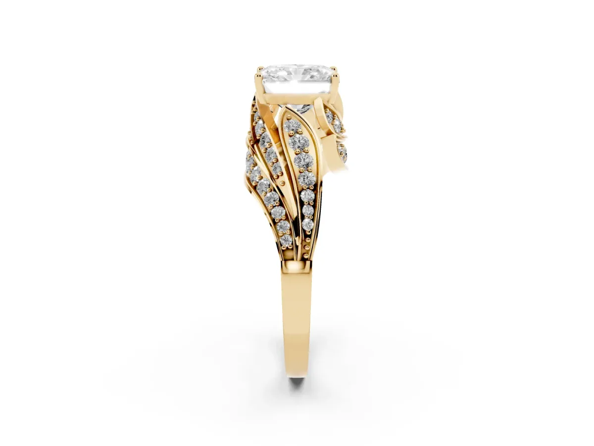 Radiant Cut Diamond Solitaire Ring with Prong Setting and Twisted Pavé Band Yellow gold