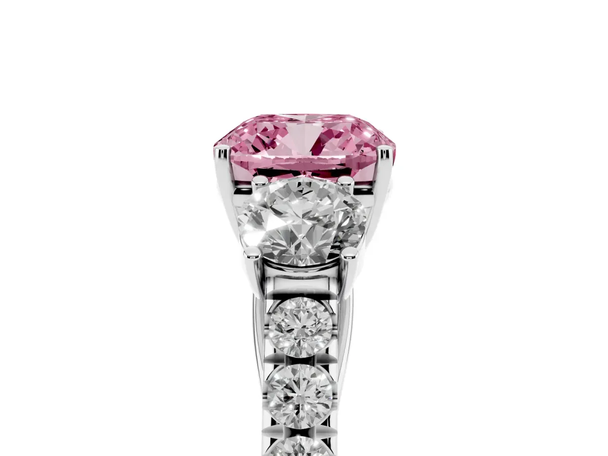 Fancy Pink Cushion Cut Cut Diamond Three-Stone Ring with Round Side Stones and Pavé Band Platinum