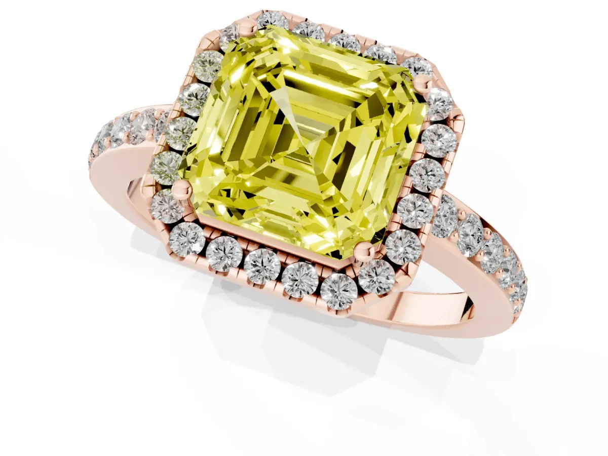 Fancy Yellow Asscher Cut Halo Diamond Pavé Band Ring with Prong Setting Rose gold