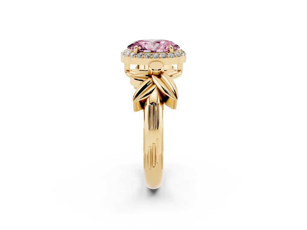 Fancy Pink Oval Cut Halo Diamond Floral Band with Four-Prong Setting Yellow gold
