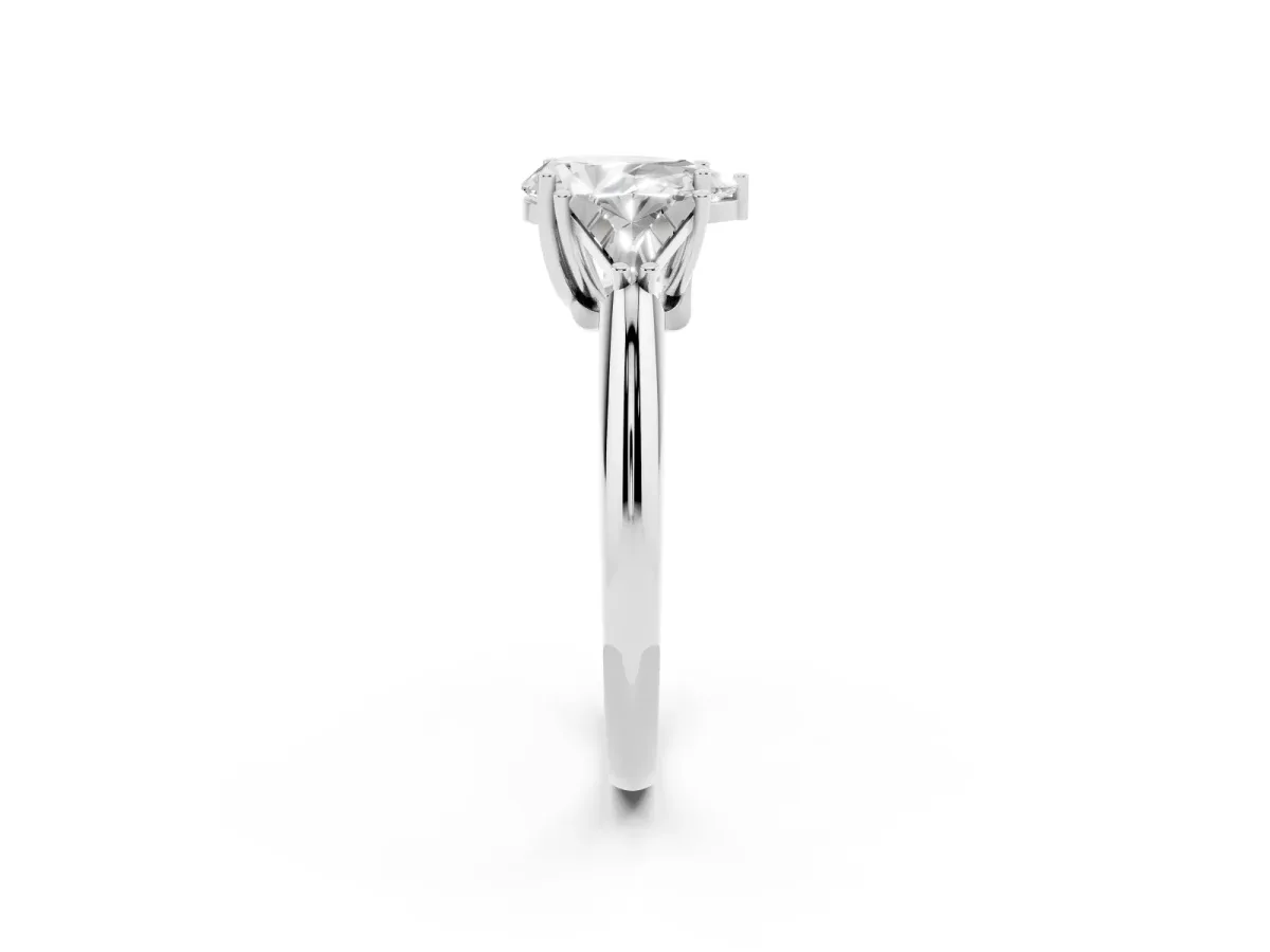 Three-Stone Pear Cut Diamond Engagement Ring with Trillion Side Stones and Prong Setting Silver
