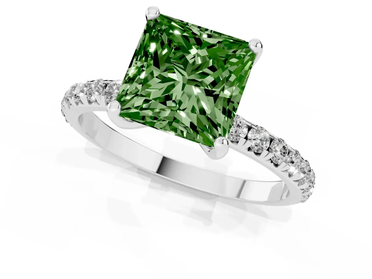 Fancy Green Princess Cut Cut Diamond Solitaire Ring with Micro Pave Band and Four Prong Setting Silver