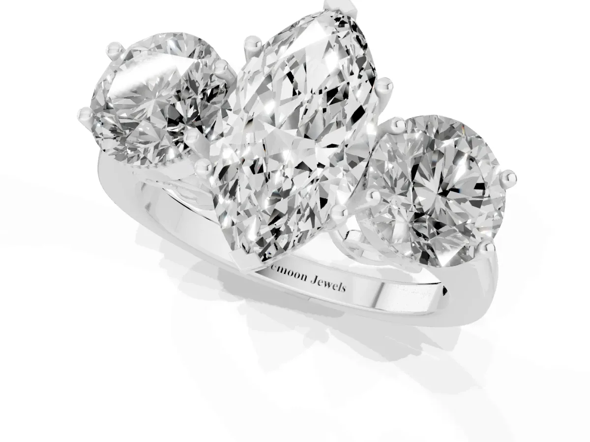 Three-Stone Marquise Cut Diamond Engagement Ring with Prong Setting on a Classic Band Silver