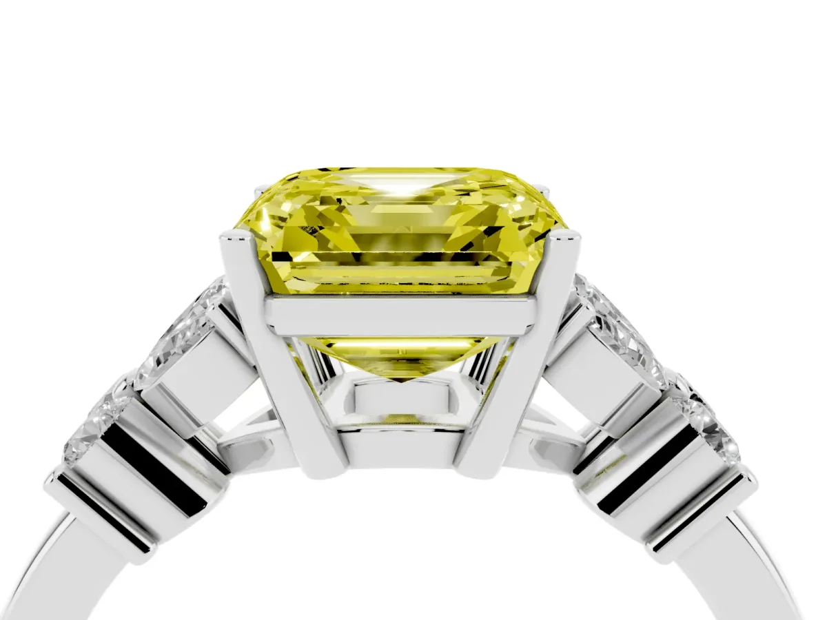 Fancy Yellow Asscher Cut Diamond Floral Cluster Ring with Solitaire Band and Prong Setting White gold