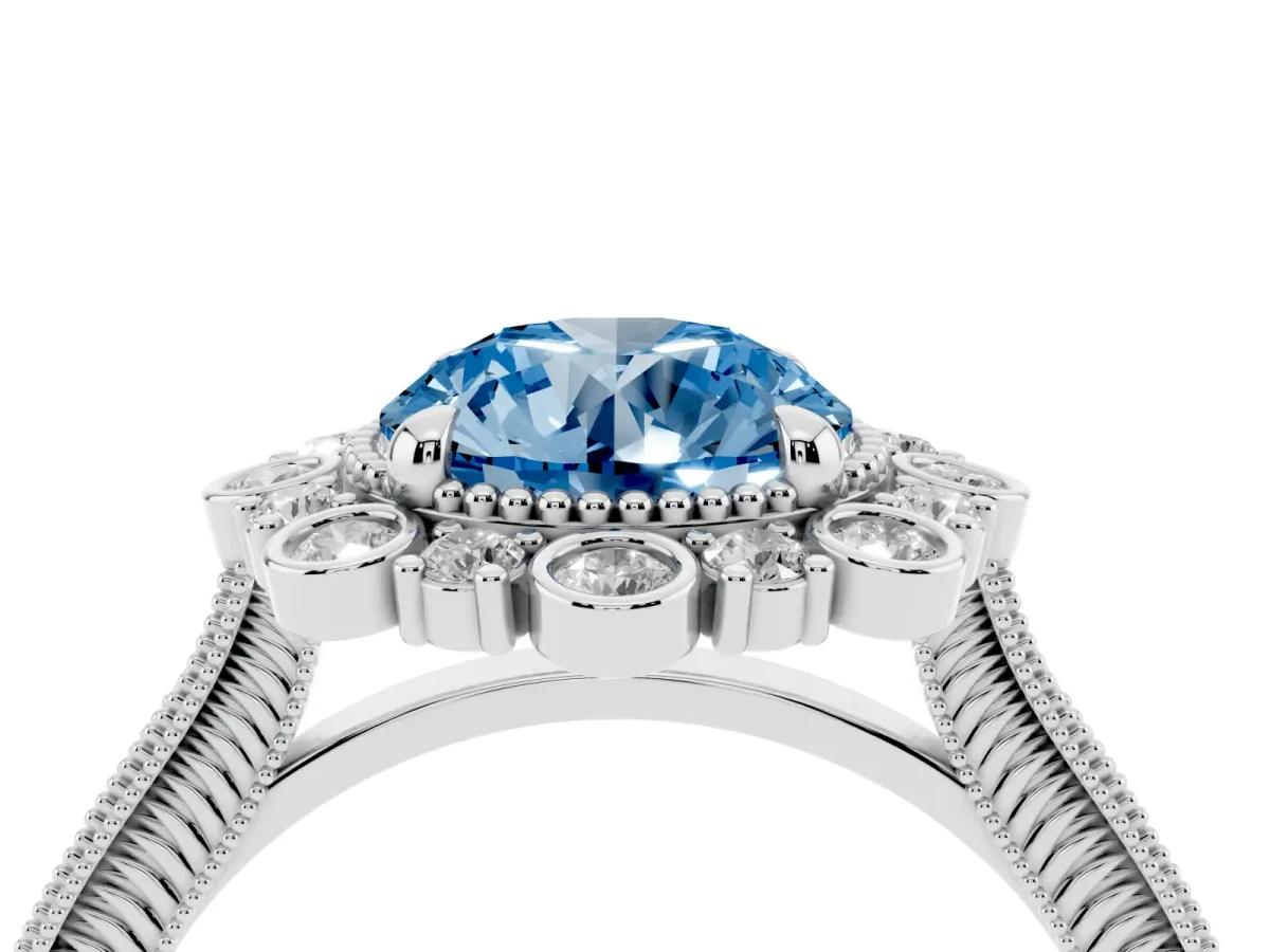 Fancy Blue Round Cut Halo Milgrain Pave Diamond Ring with Four-Prong Setting Platinum