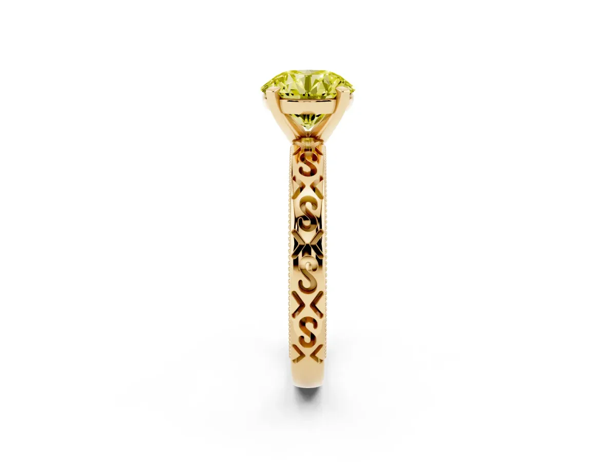Fancy Yellow Round Cut Solitaire Engagement Ring with Scrollwork Band and Four-Prong Setting Yellow gold