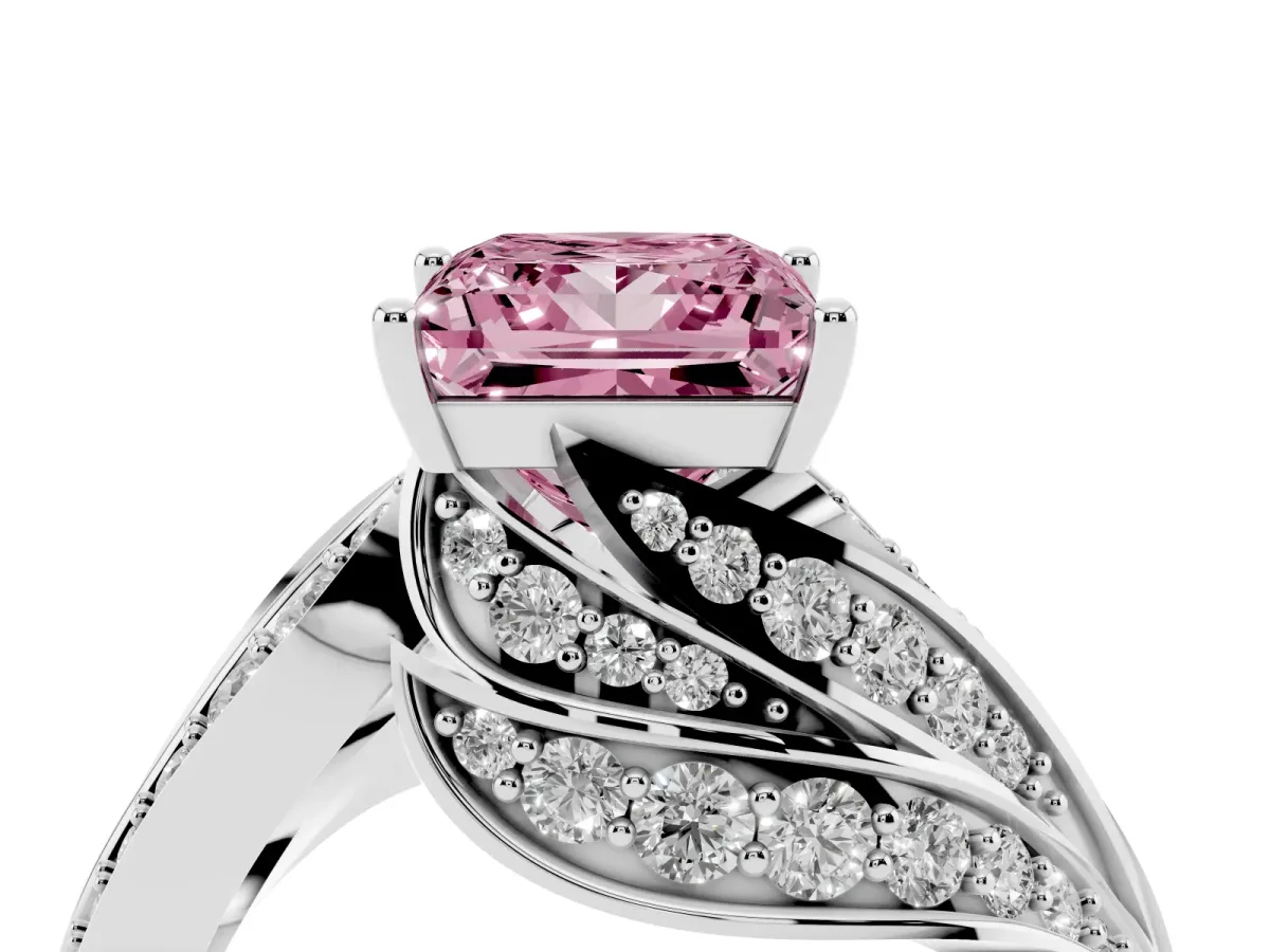 Fancy Pink Princess Cut Diamond Solitaire Ring with Prong Setting and Twisted Pavé Band Silver